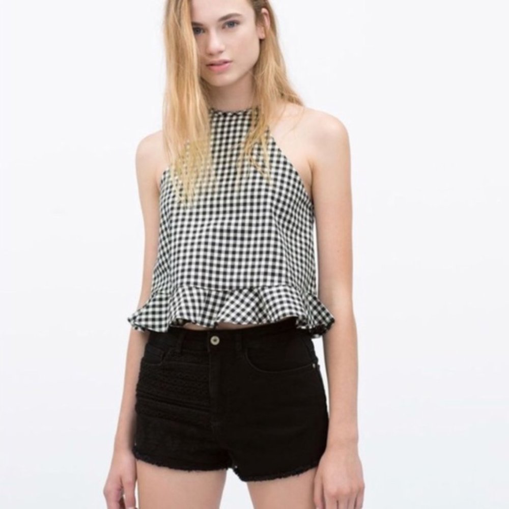 Zara Trafaluc Black White Gingham Halter Crop Top
